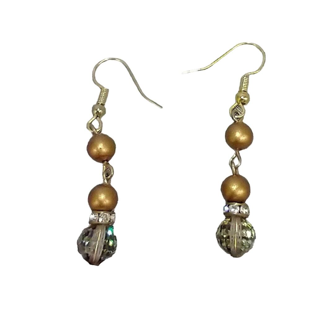 Brown Faux Pearls Crystals Drop Earrings Gold Tone Findings Fishhook Ear Wires